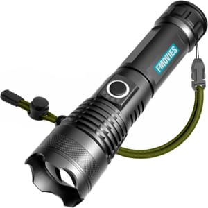 A black outdoor torch with a textured grip and an attached green lanyard. It features a logo on the side.
