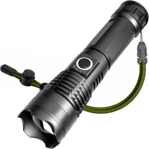 A black outdoor torch with a textured grip and a green lanyard. The torch features a control button on its side.
