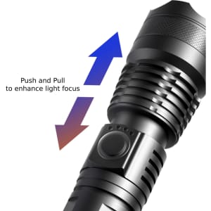 A black outdoor torch featuring a focus-enhancing design and a control button. It includes a logo on the body.