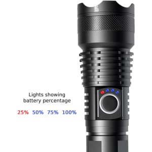 A black outdoor torch with a textured grip and a battery percentage indicator displaying three levels.