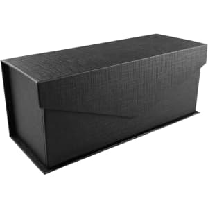 A sleek black box with a textured finish, designed for packaging and storage. It features a flap closure.
