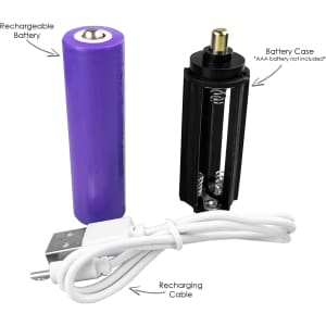 A purple rechargeable battery, a black battery case, and a white recharging cable. The image features product components.