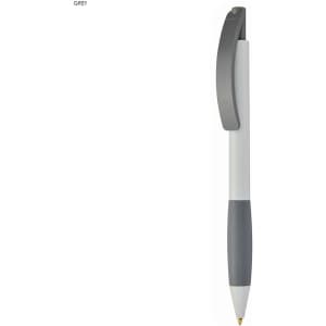 A plastic pen in grey and white, featuring a sleek design and a clip for easy attachment.