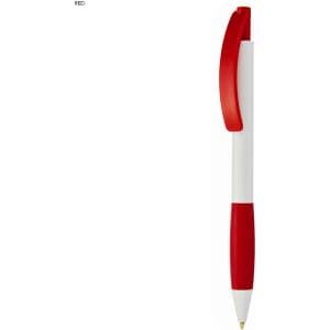 A plastic pen featuring a white barrel and vibrant red accents, including a clip and grip. It has a logo.