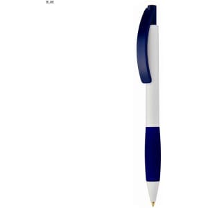 A blue and white plastic pen with a clip and a logo.