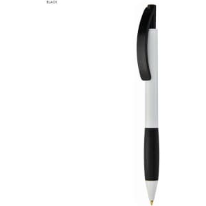 A plastic pen in white and black, featuring a clip and a branding logo.