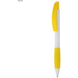 A yellow plastic pen with a white shaft and a matching yellow grip, featuring a clip on the top.