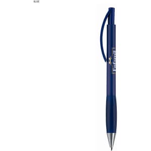 A blue plastic pen with a grip and a logo on the side.