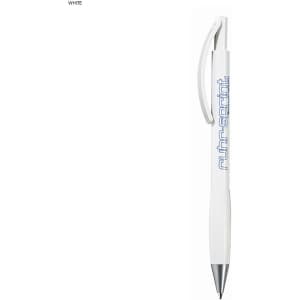 A white plastic pen with a clip and a logo. The pen features a sleek design and a contrasting ink tip.