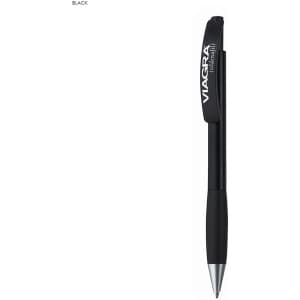 A black plastic pen with a sleek design and a logo prominently displayed on the barrel.