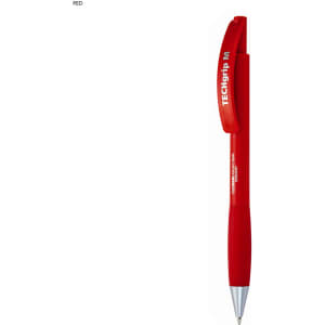 A red plastic pen with a grip and a clip, featuring a logo on the barrel.