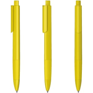 A set of three yellow plastic pens with a glossy finish and clip design. Each pen features a sleek look.