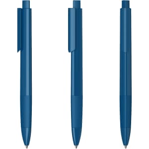 A set of three blue high gloss plastic pens, featuring a smooth design and a clip for easy attachment.