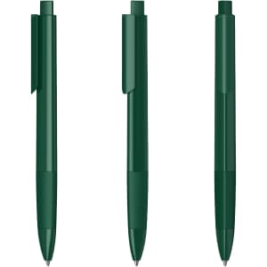 A collection of green plastic pens with a glossy finish and clips. The pens are displayed in three positions.