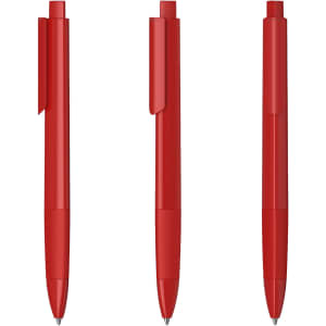 A set of three red plastic pens with a glossy finish, each featuring a clip and a retractable tip.