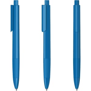 A set of three blue plastic pens arranged in a row, each featuring a clip and a glossy finish.