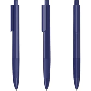 Three navy blue plastic pens with a glossy finish, featuring clips and retractable tips.