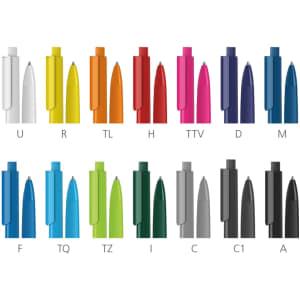 A collection of plastic pens in various colours including white, orange, pink, blue, green, and grey, featuring branded designs.