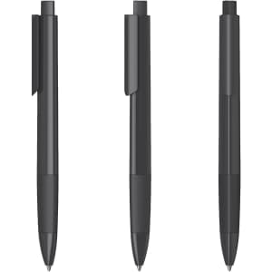 A collection of three black plastic pens with sleek, high gloss finishes and clips.