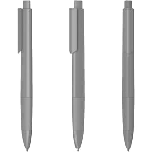 A set of three grey plastic pens with a glossy finish, each featuring a clip and a capped end.