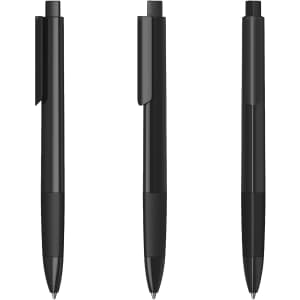 A set of black plastic pens displayed from different angles, featuring a sleek design and clip.