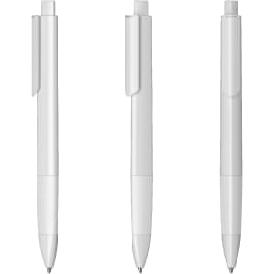 A set of three white plastic pens with a high gloss finish and a clip on the side, featuring a logo.