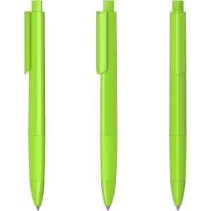 Three high-gloss plastic pens in a vibrant green colour, featuring a clip and a sleek design.