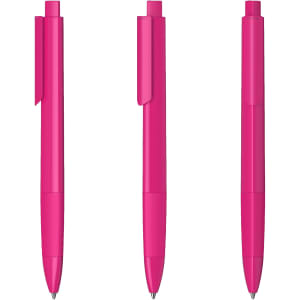 Three pink plastic pens with a glossy finish and clip. Each pen has a distinct position.