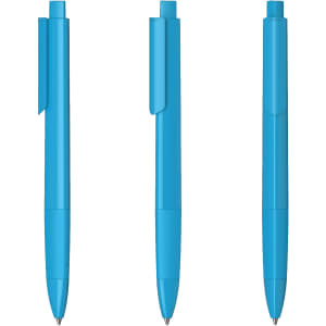 Three blue plastic pens with a glossy finish, featuring a simple design and clip on the side.