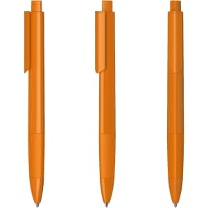 Three plastic pens in a high gloss finish, featuring a vibrant orange colour and clip design.