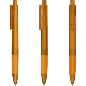 Three transparent orange plastic pens displayed from different angles, showcasing their design and clip feature.