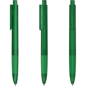 Three green transparent plastic pens arranged in a row, featuring a clip and a visible ink reservoir.