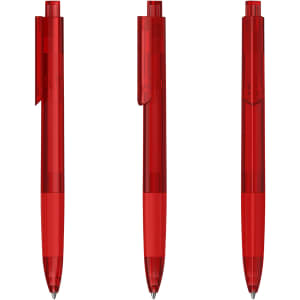 A set of three transparent red plastic pens with clips and a simple design, featuring branding on each.