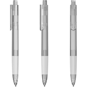 A set of three transparent plastic pens with white grips and silver tips, featuring a logo on the body.