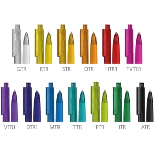 A collection of plastic pens in various colours including purple, orange, yellow, green, and black, with logos.