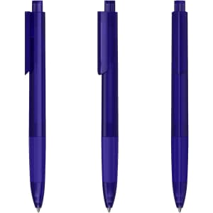 Three purple plastic pens with transparent components are displayed side by side, each featuring a clip and a rounded tip.