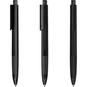 A set of three black plastic pens with a sleek design and clip attachment, featuring a logo on the barrel.