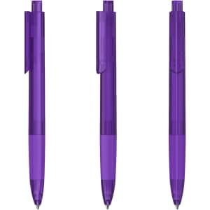 Three transparent purple plastic pens with clips, featuring a smooth design and distinct shapes. Each pen is positioned differently.