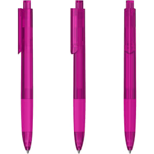 Three transparent pink plastic pens displayed from different angles, featuring clips and pointed tips.