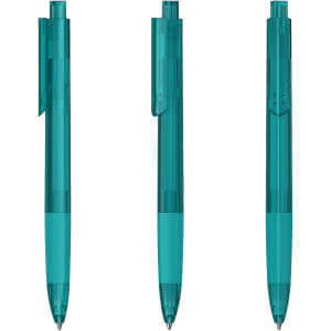 A turquoise transparent plastic pen with a clip, featuring a sleek design and a visible ink cartridge.
