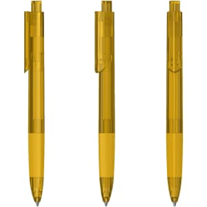 A set of three transparent yellow plastic pens, showcasing different angles. Each pen features a clip and a logo.