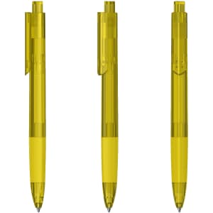 A set of transparent yellow plastic pens with click mechanisms and clips. Each pen is positioned differently for display.