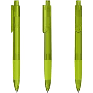 Three transparent plastic pens in vibrant green, featuring a clip and retractable mechanism, displayed from different angles.