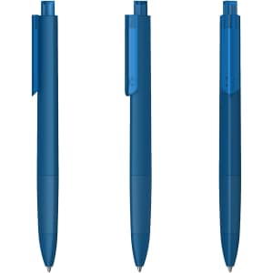 A set of three blue plastic pens with a soft-touch finish and a clip for easy attachment. Each pen has a branding logo.