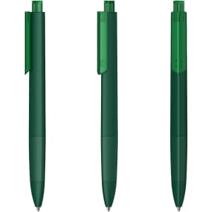 A set of green pens with a transparent cap, featuring a sleek design and a subtle branding logo.
