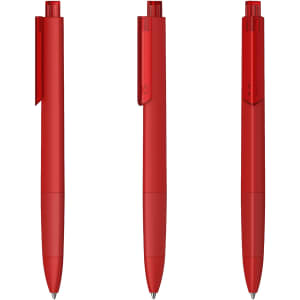 A set of three red plastic pens with a glossy finish and a clip for easy attachment. Each pen has a distinct design.