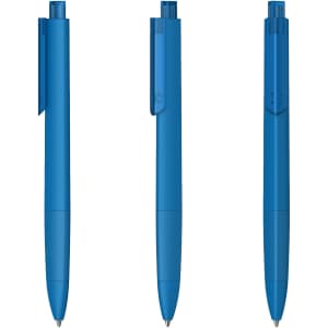 A blue plastic pen with a soft-touch finish, featuring a clip and a clear section. It has branding.