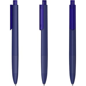A set of three dark blue plastic pens with transparent caps and clips, featuring a simple, modern design.