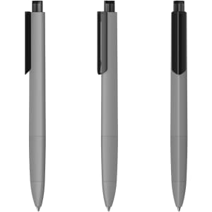 A set of three grey plastic pens with black accents and a black clip, featuring a sleek, modern design.