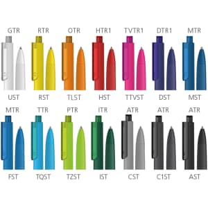A collection of plastic pens in various colours including blue, green, red, and black, featuring a logo on each pen.